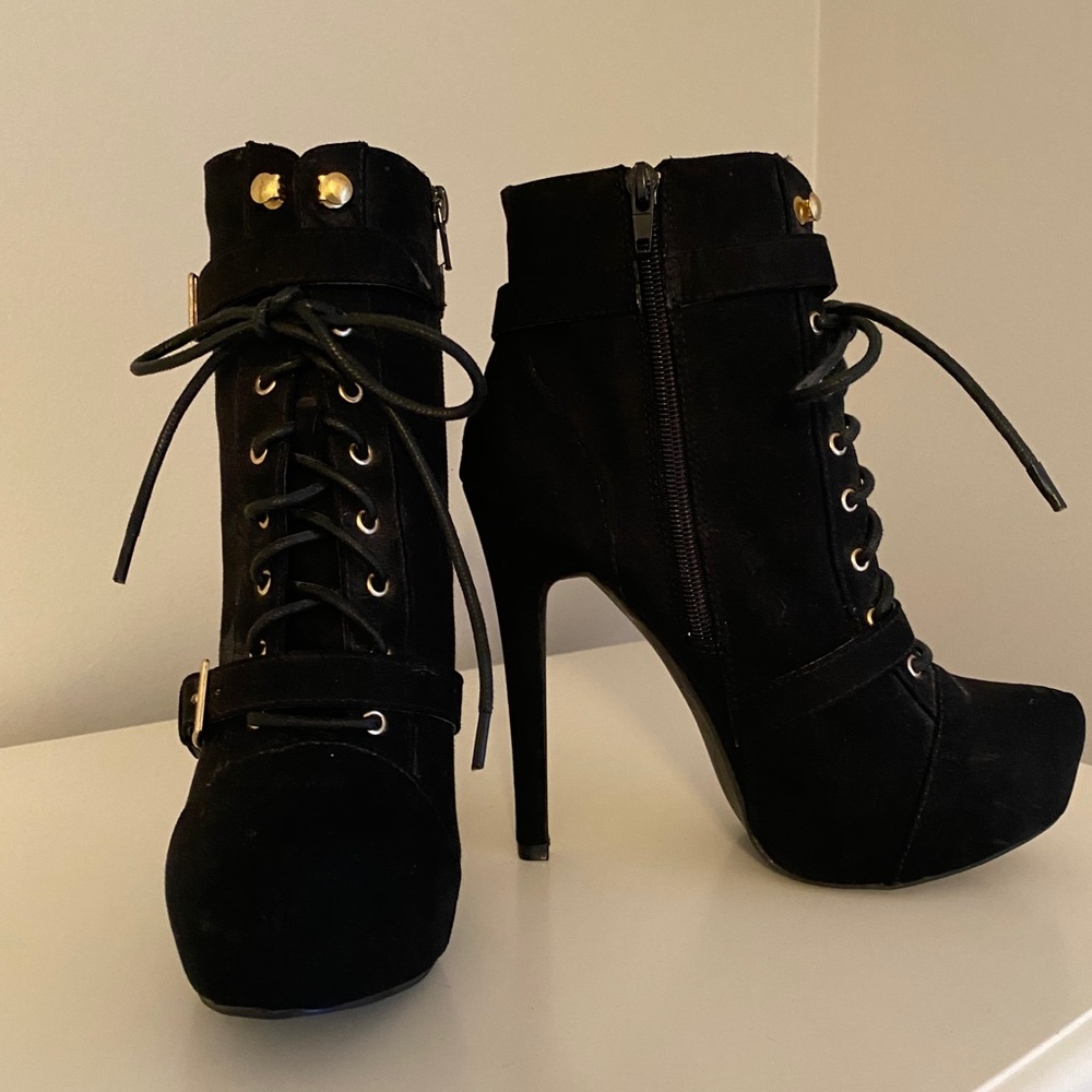 JustFab Lace Up Booties with Gold Buckles